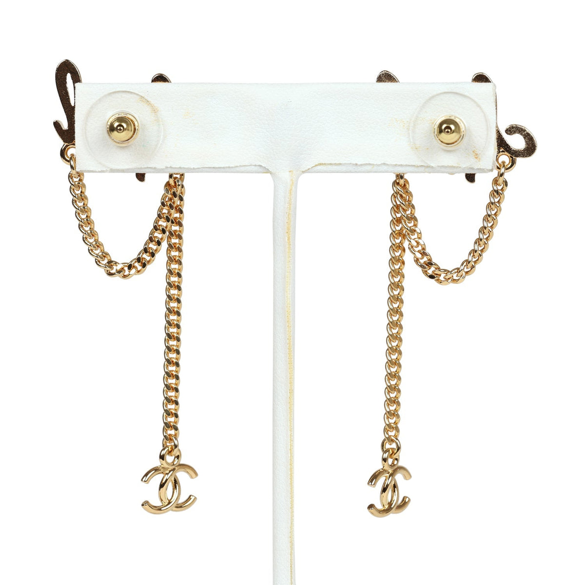 Chanel Logo Drop Chain Earrings Gold Metal