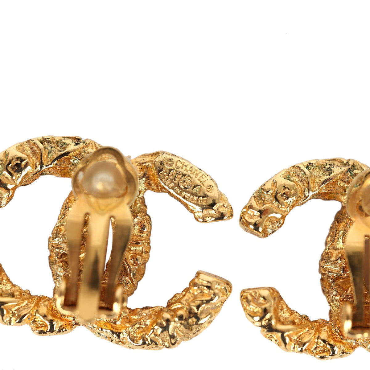 Vintage Chanel 24K Gold Plated Florentine CC Earrings