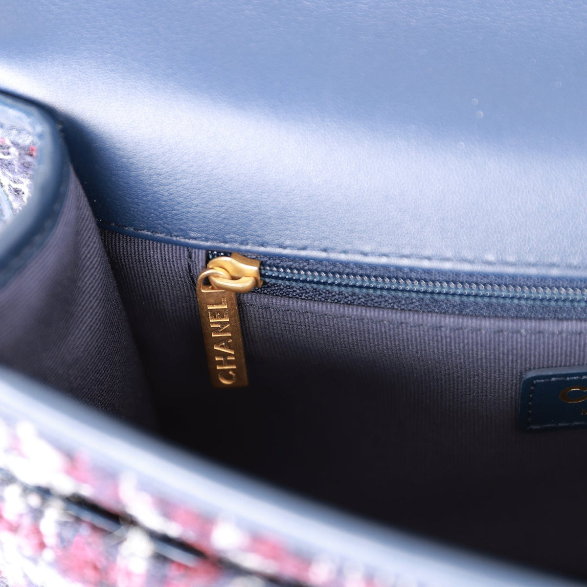 Chanel Medium School Memory Flap Bag with Top Handle Navy Multicolor Tweed Aged Gold Hardware
