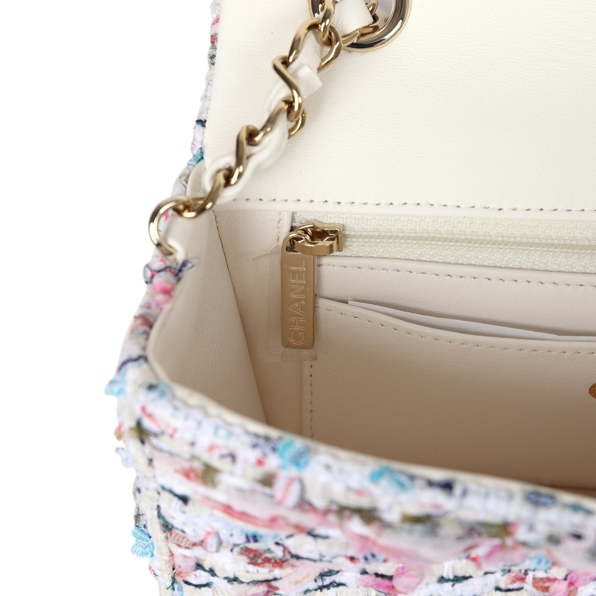 Chanel Mini Rectangular Flap Bag White/Pink/ Multicolored Tweed Light Gold Hardware