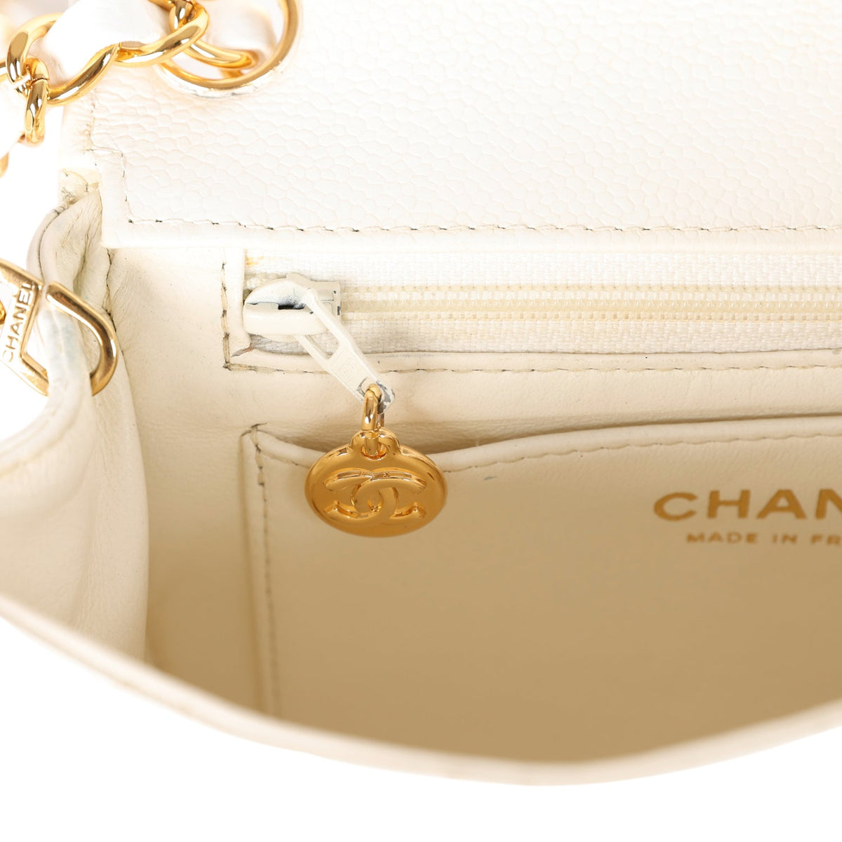 Vintage Chanel Mini Square Flap White Caviar Gold Hardware