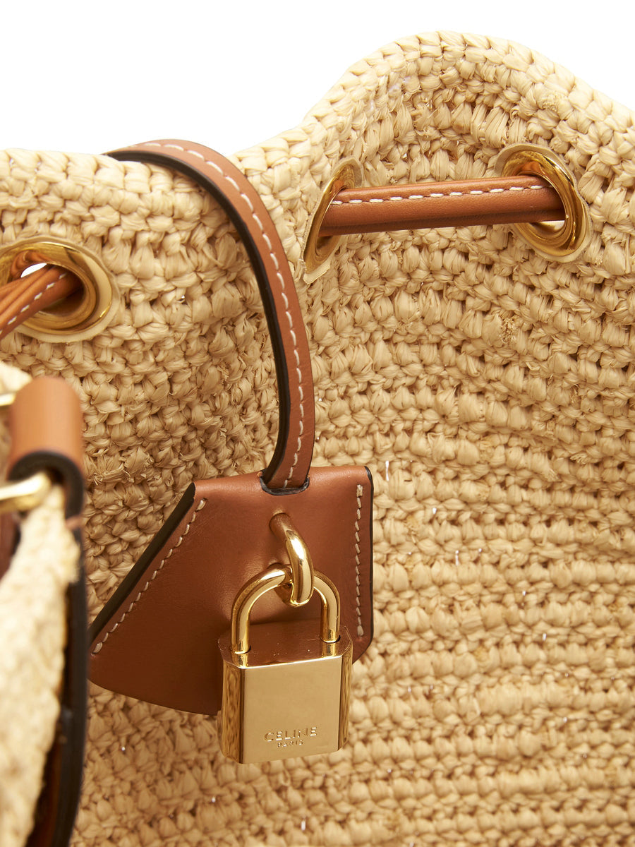Small Triomphe Bucket Bag in Raffia and Calfskin