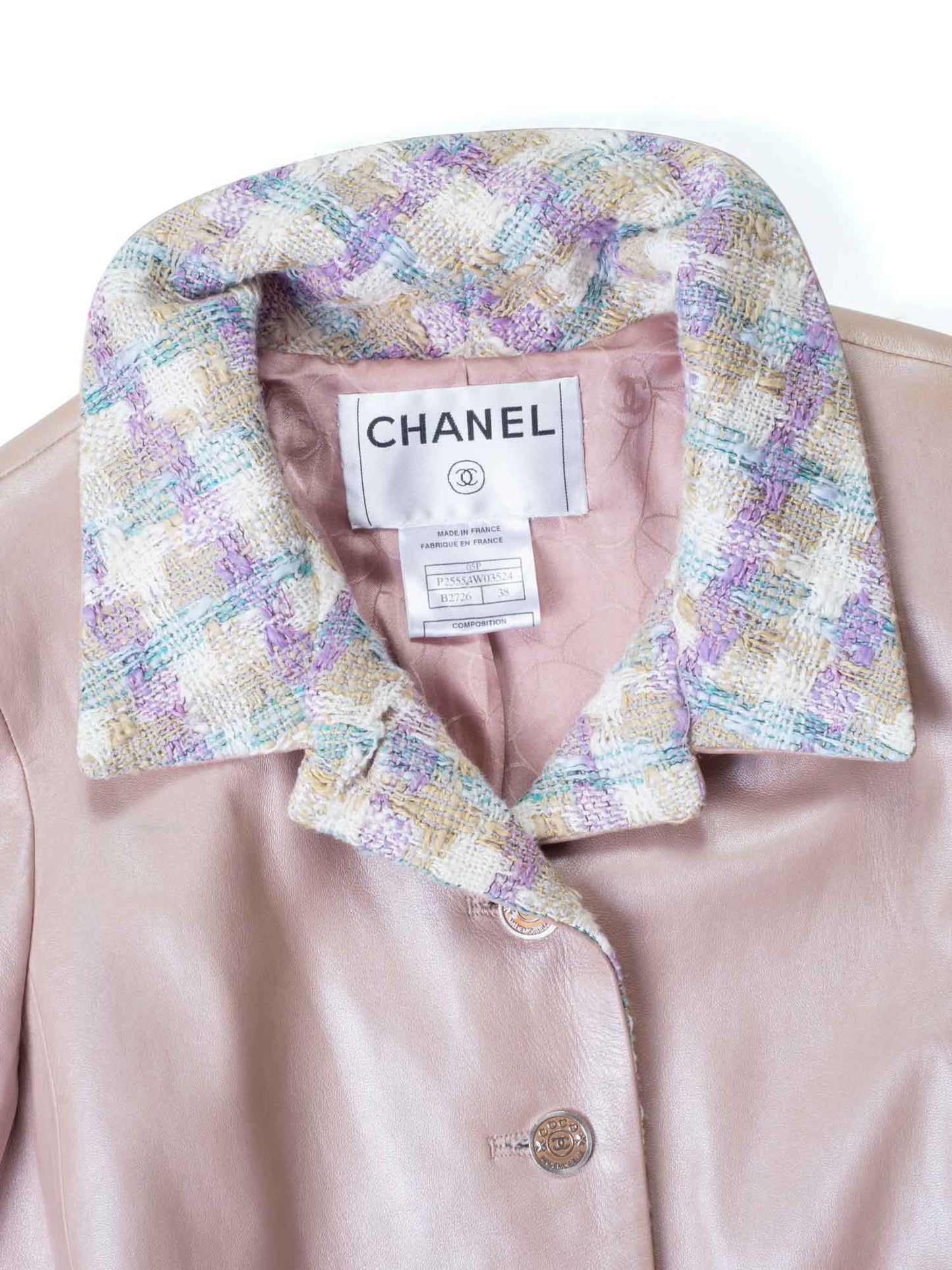 Chanel CC Leather Tweed Fringe Jacket Pink