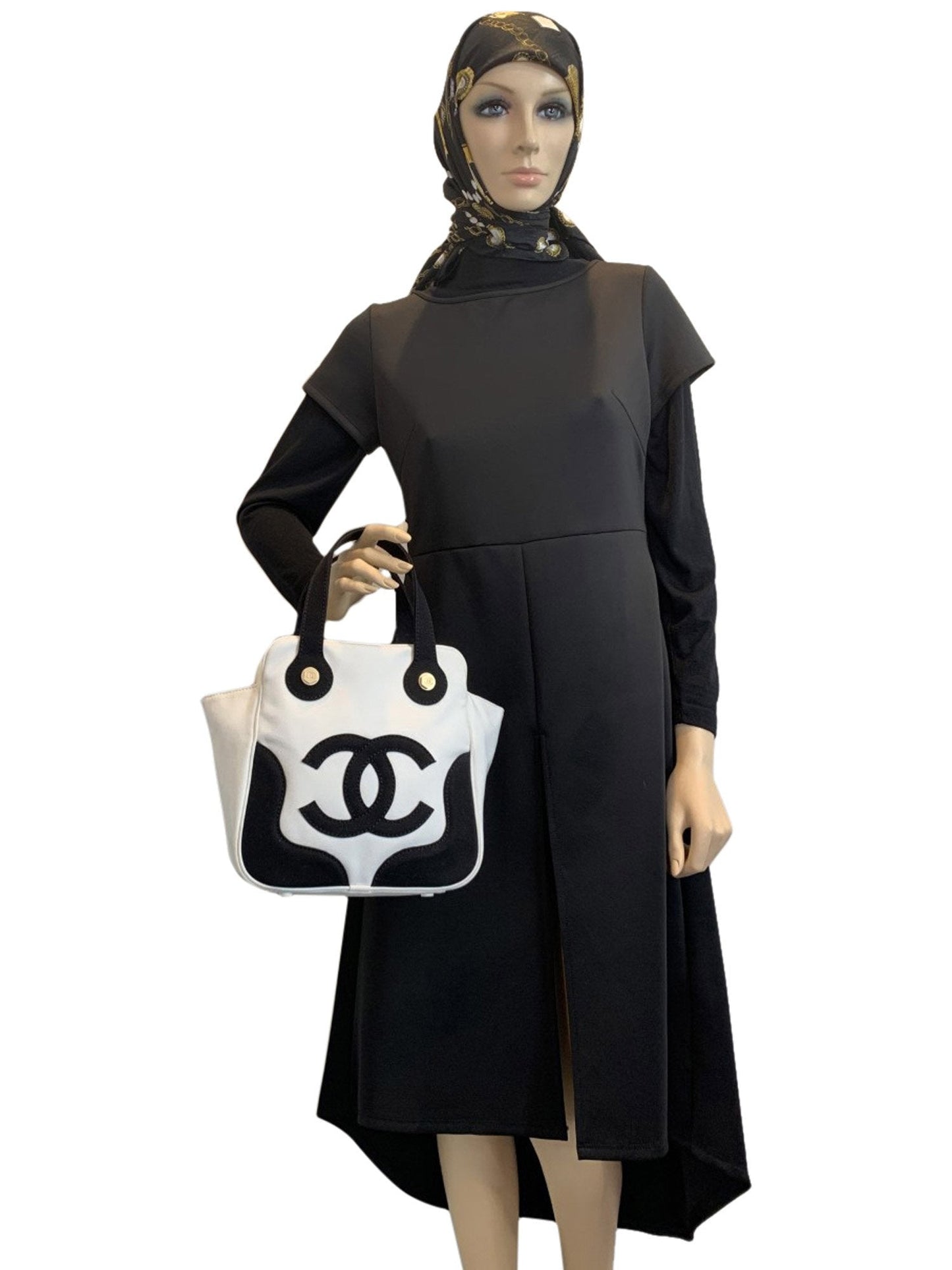 Chanel CC Logo Canvas Leather Bag Black White