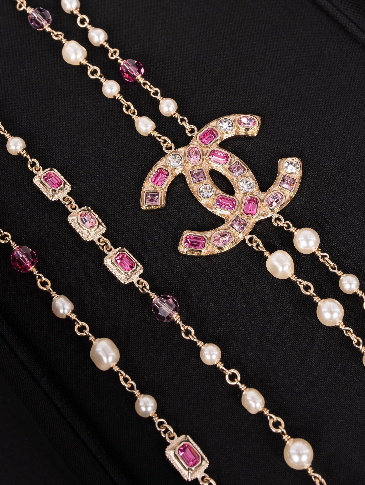 Chanel CC Logo Pearl Crystals Long Necklace Gold