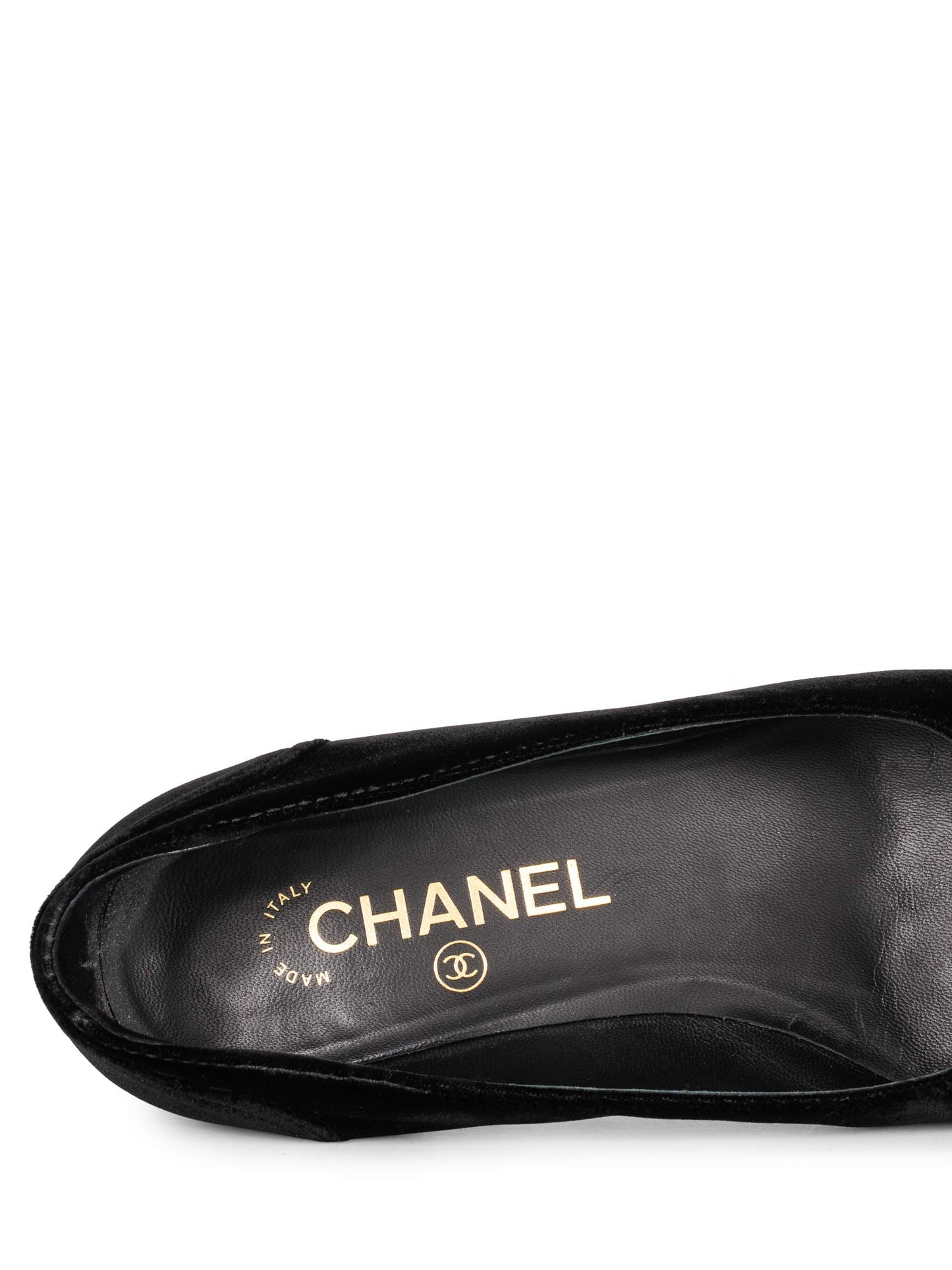 Chanel CC Logo Velvet Camellia Round Toe Shoes Black