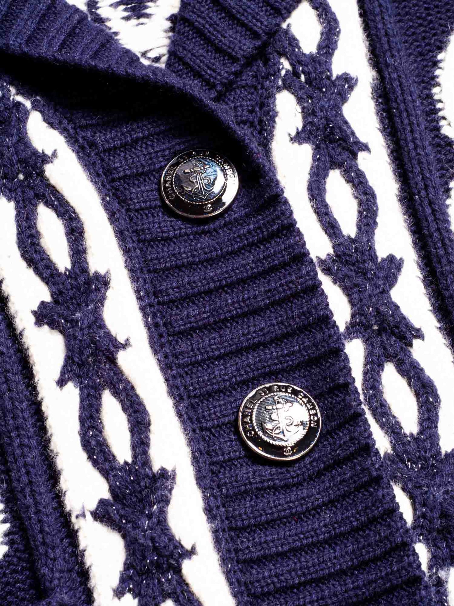 Chanel Cable Knit Cashmere Sparkly Nautical Cardigan Blue White