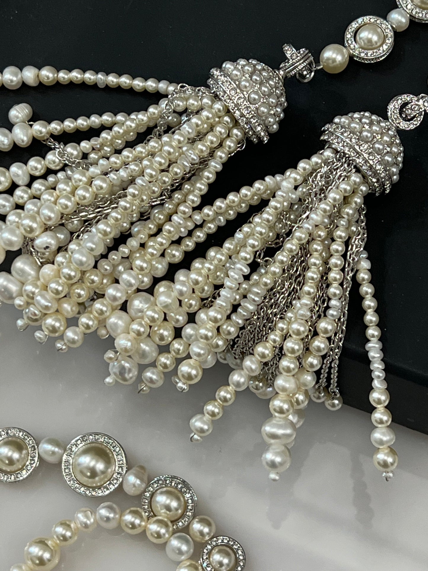 CHANEL FAUX PEARL CRYSTAL CC TASSLE NECKLACE/ BELT