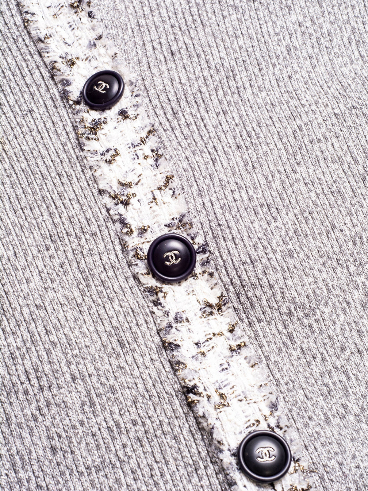 Chanel Knit CC Logo Fringe Sparkly Cardigan Grey