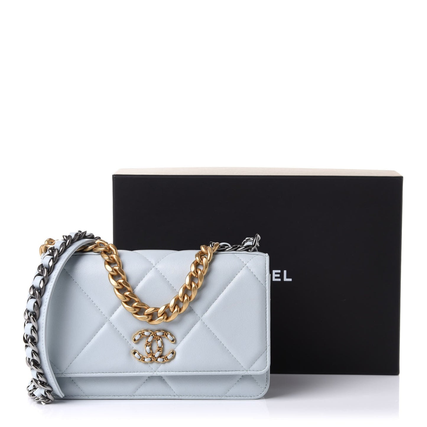 CHANEL QUILTED LAMBSKIN CHANEL 19 WALLET ON A CHAIN