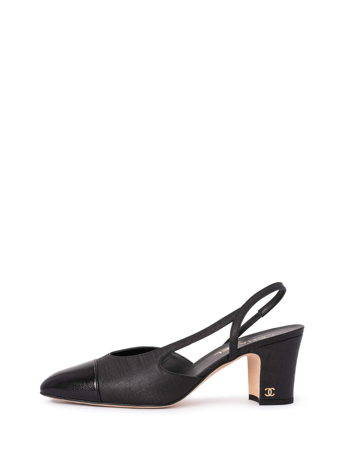 Chanel Patent Leather CC Logo Cap Toe Sling Back Pumps Black
