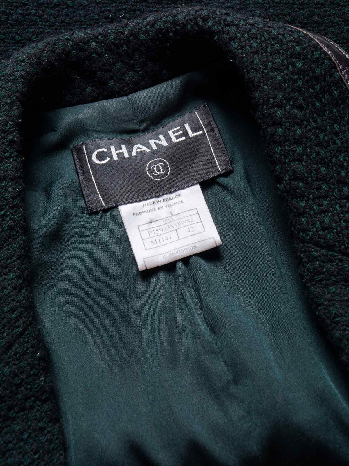 Chanel Tweed Leather Trim Fitted Jacket Green