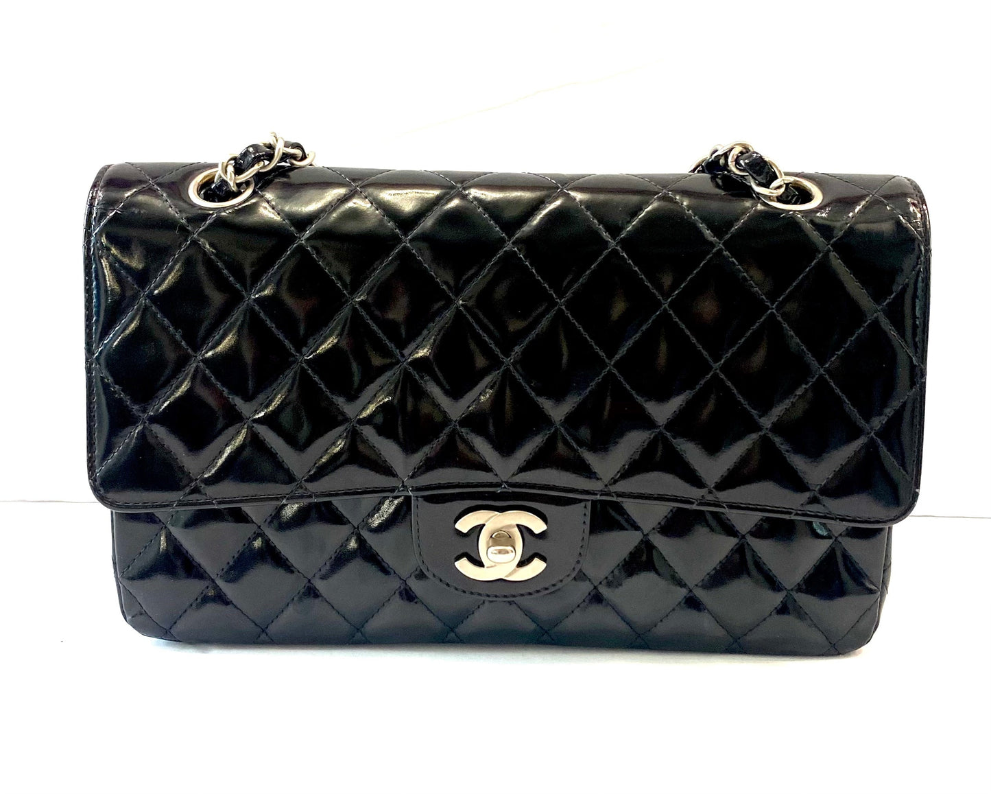 CHANEL CLASSIC QUILTED PATENT DOUBLE FLAP SHOULDER BAG