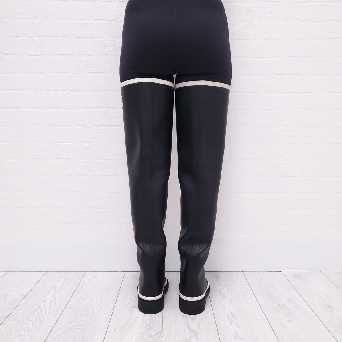 CHANEL RUNWAY BLACK THIGH HIGH LOGO RAIN BOOTS - SIZE 37