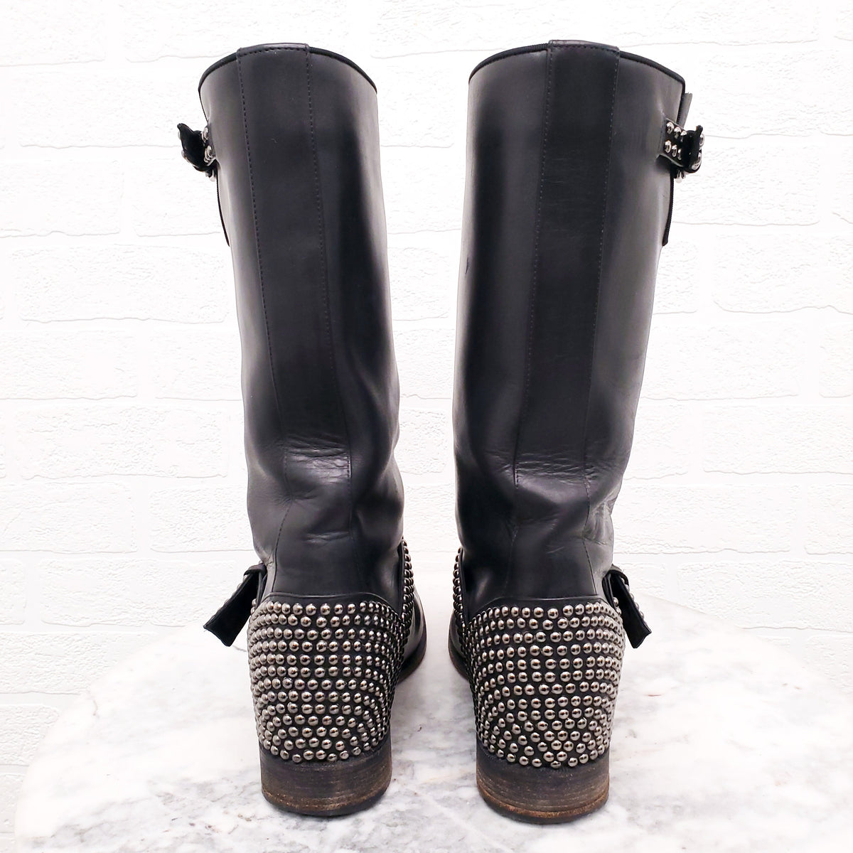 CHRISITIAN LOUBOUTIN MOTO STUD FLAT BOOTS - SIZE 38