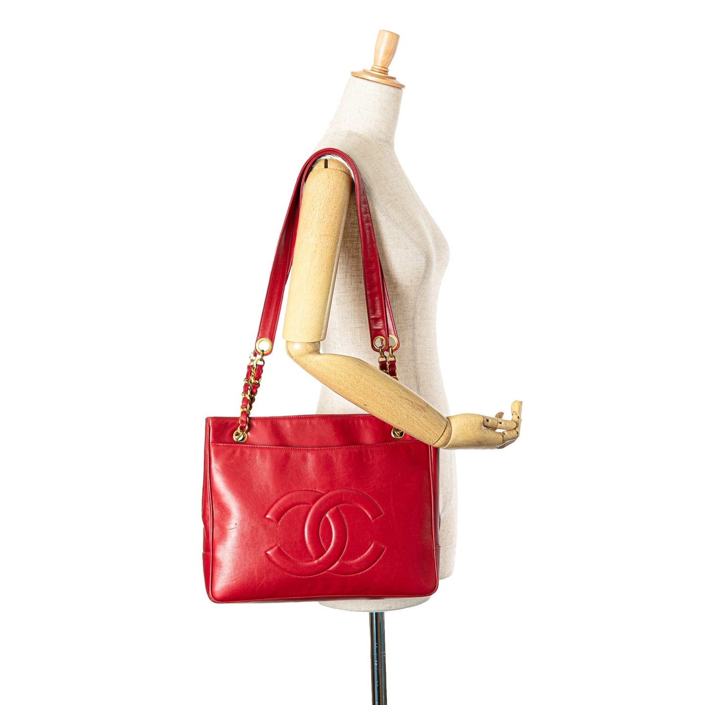 Red Chanel CC Lambskin Chain Tote