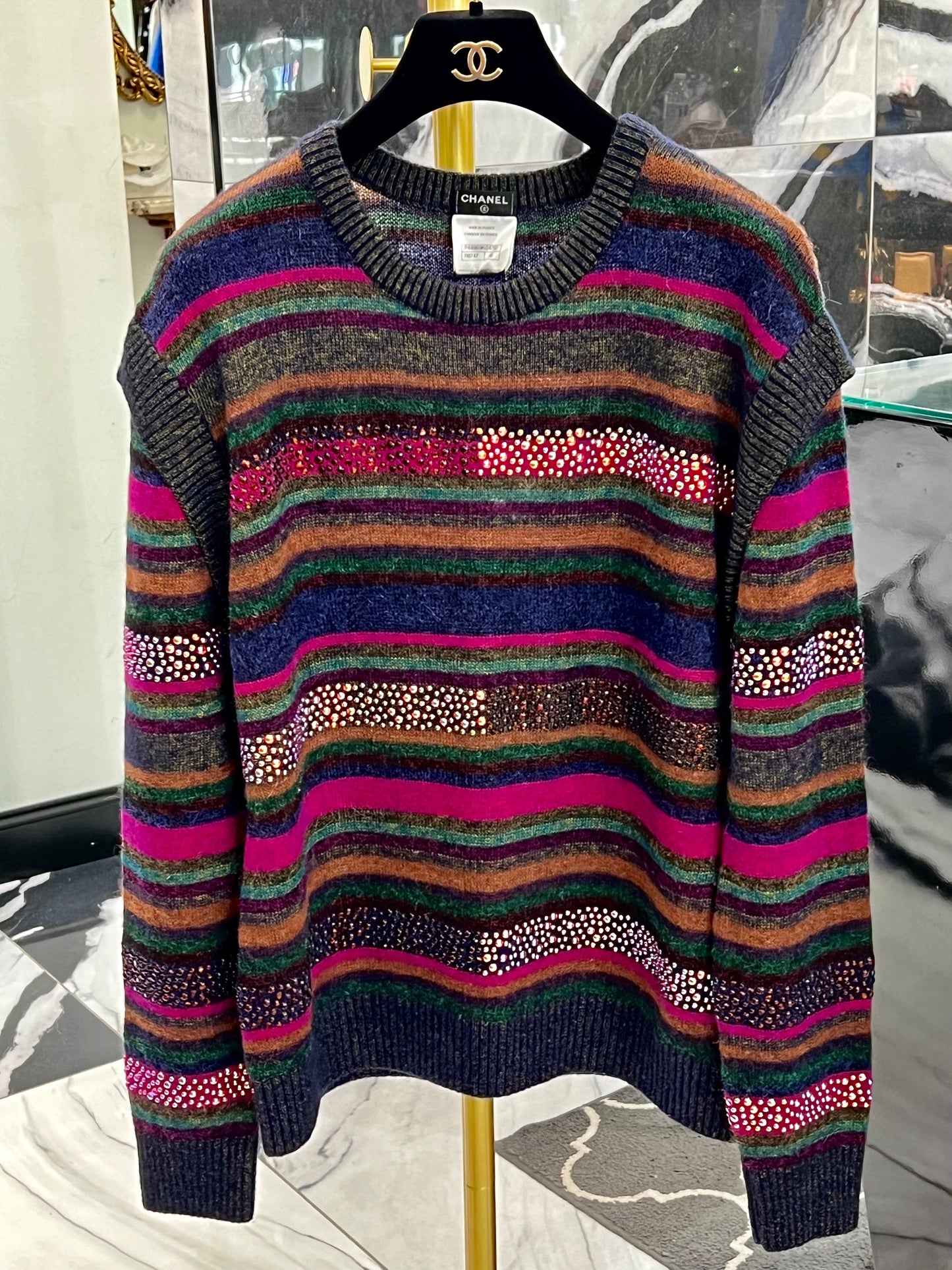 CHANEL 12A STRIPED BEADED STRASS OVERSIZED WOOL RUNWAY AWEATER