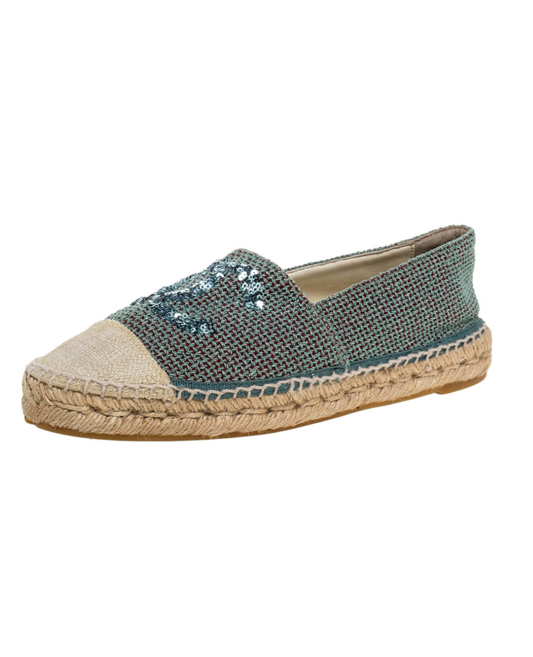 Chanel Green/Beige Canvas Sequin CC Espadrille Flats