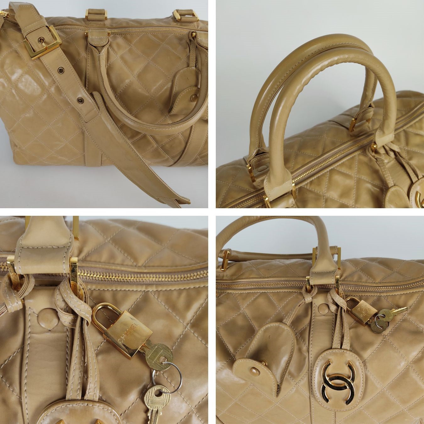 CHANEL Chanel Chanel quilted travel bag in beige patent leather