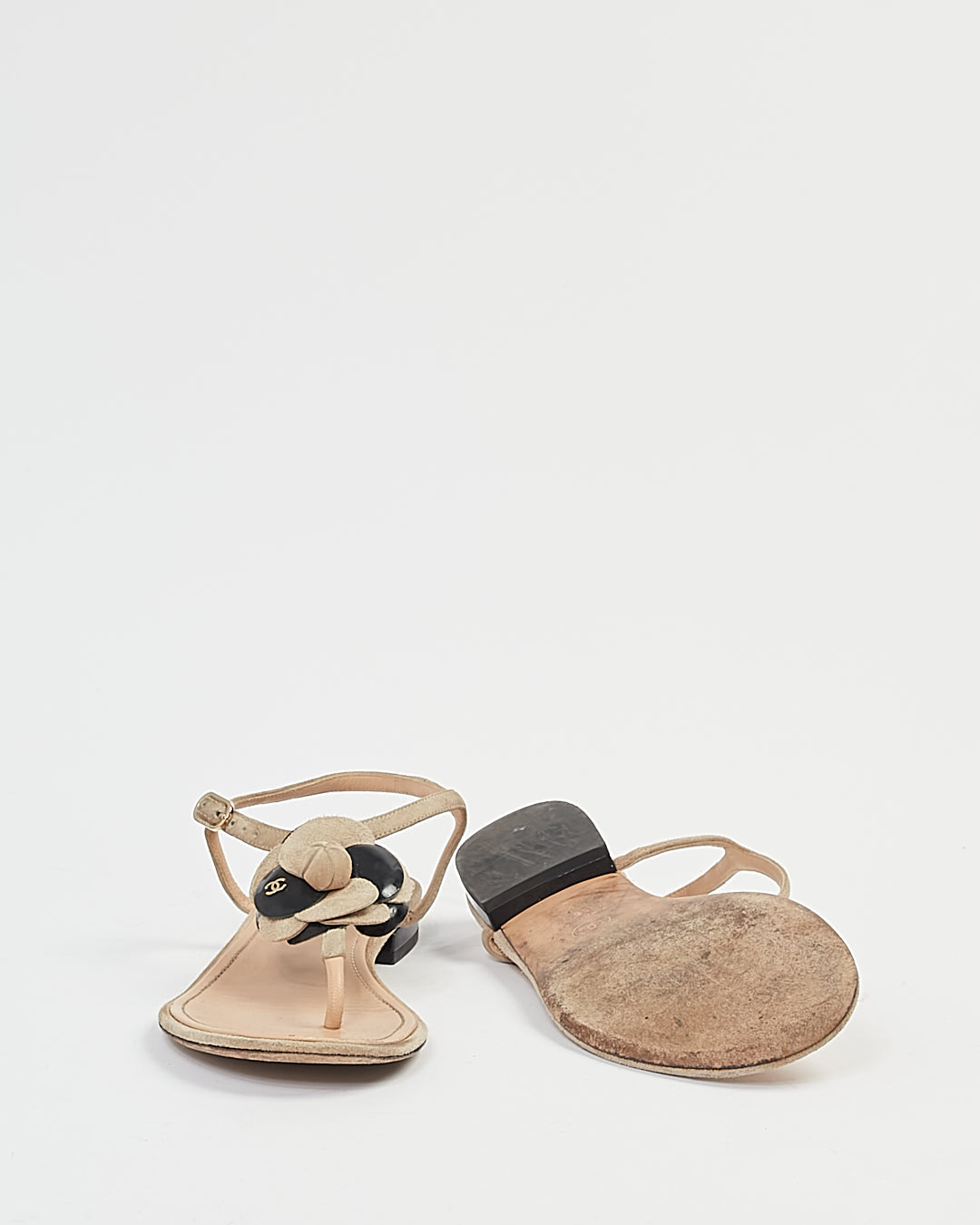 Chanel Beige/Black Camelia Flower Sandals - 38.5