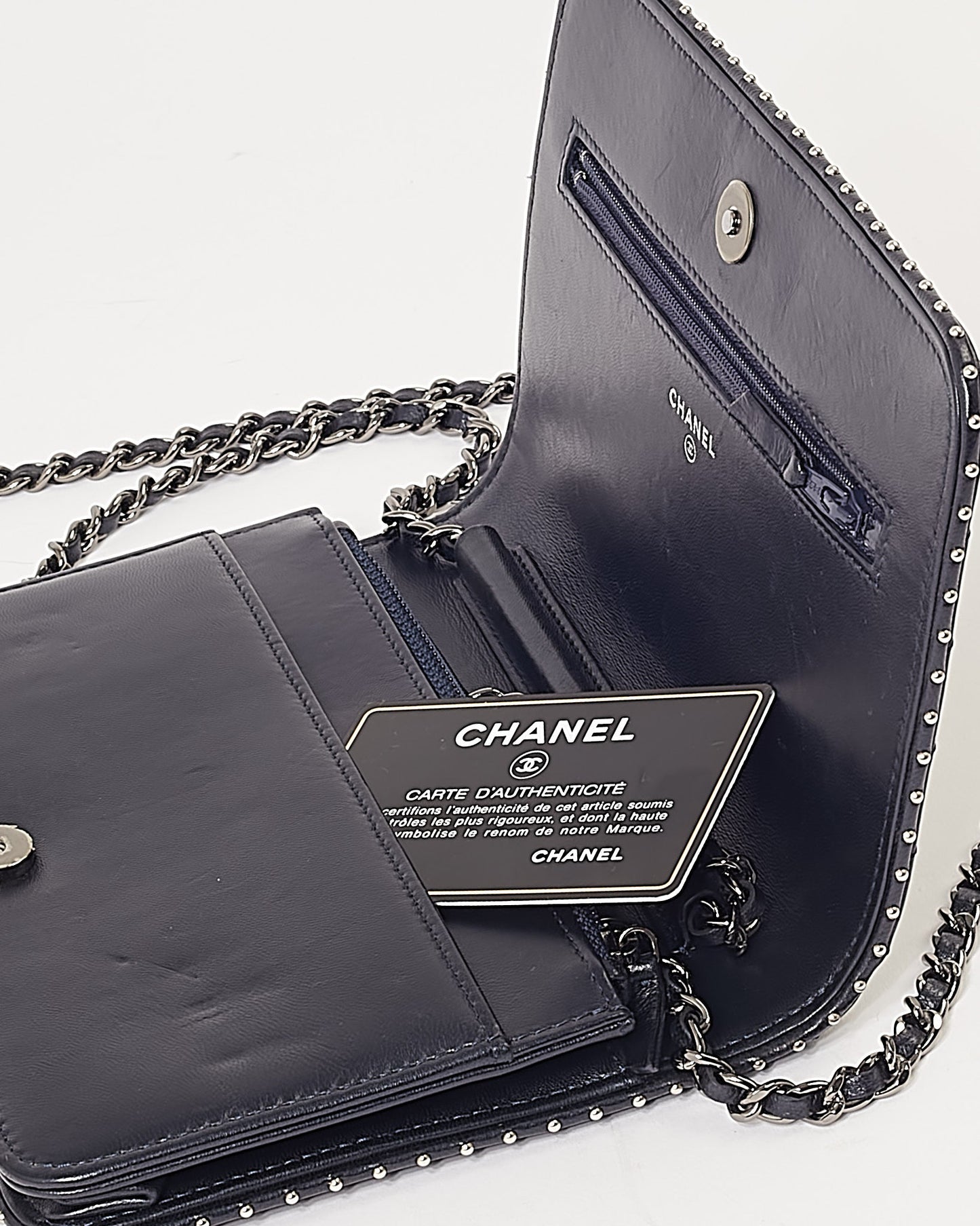 Chanel Navy Metallic Chevron Lambskin Studded Wallet On Chain