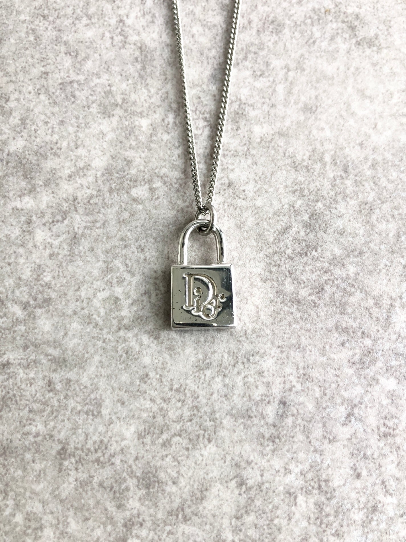 Christian Dior Logo Motif Padlock Necklace Silver Vintage hs3e4b