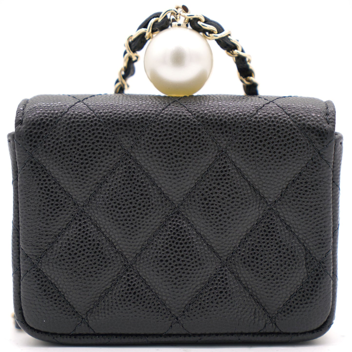Chanel Black Caviar Leather Pearl Flap Card Holder with Short Chain