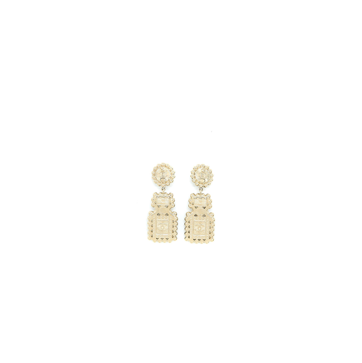 Chanel Perfume Bottle CC Logo Earrings Crystal/Pearl Black Light Gold Tone