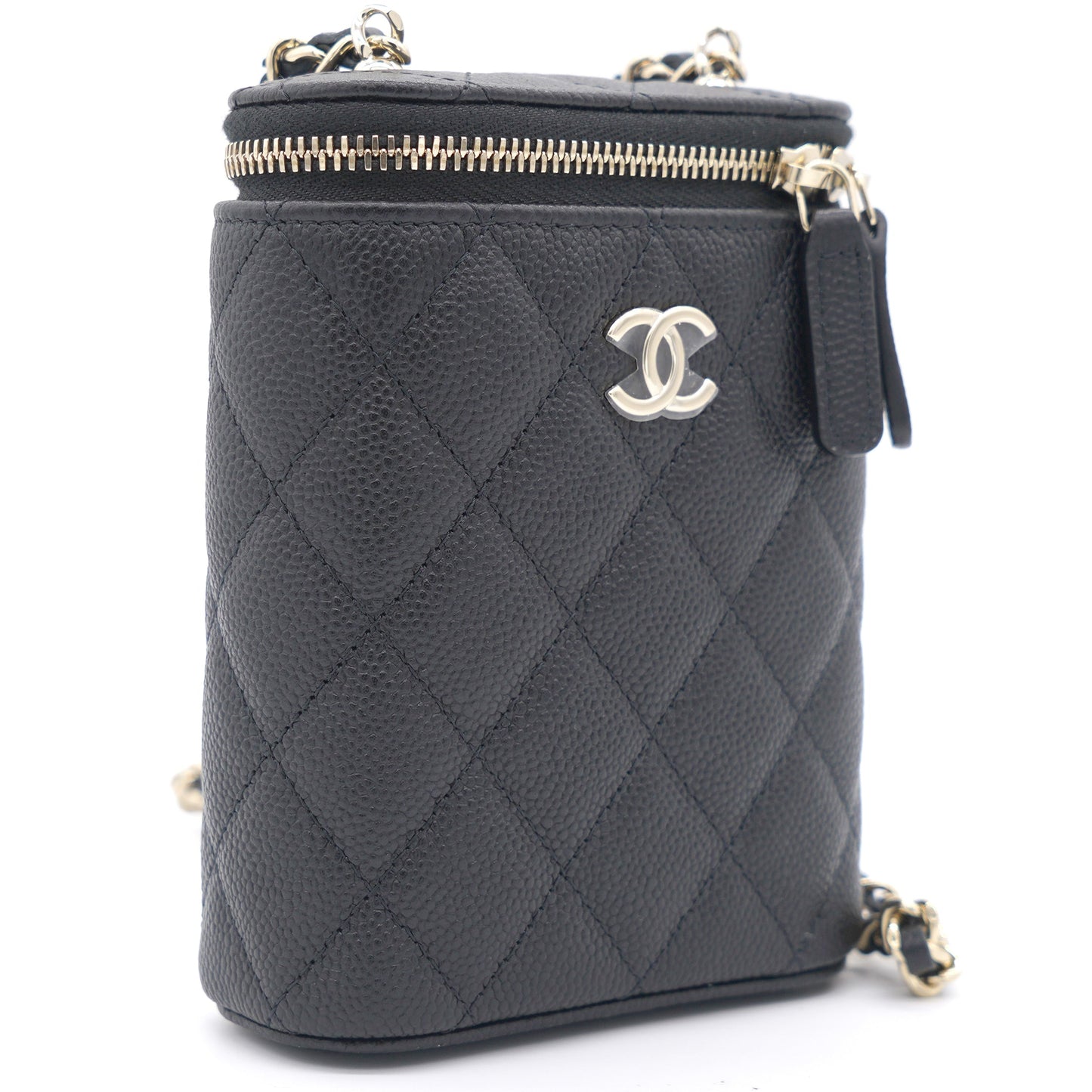 Chanel Caviar Quilted Small Vertical Coco Beauty Vanity Case With Chain Black
