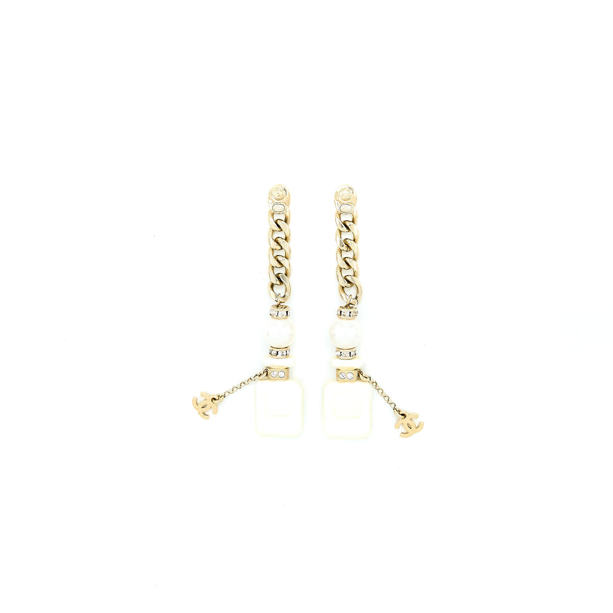 Chanel NO.5 Perfume Bottle Pearl Drop Earrings Light Gold Tone