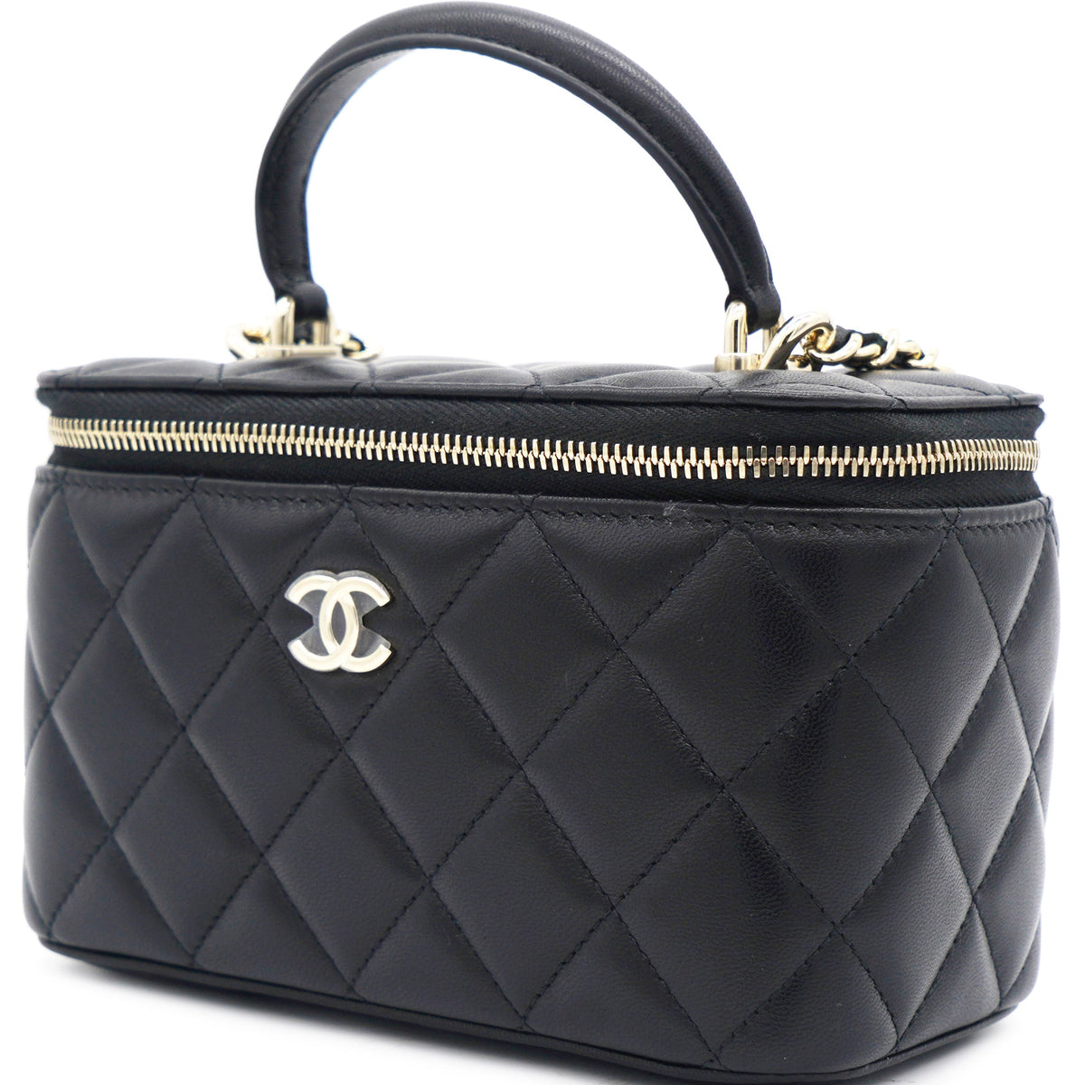 Chanel Lambskin Quilted Small Top Handle Vanity Case With Chain Black