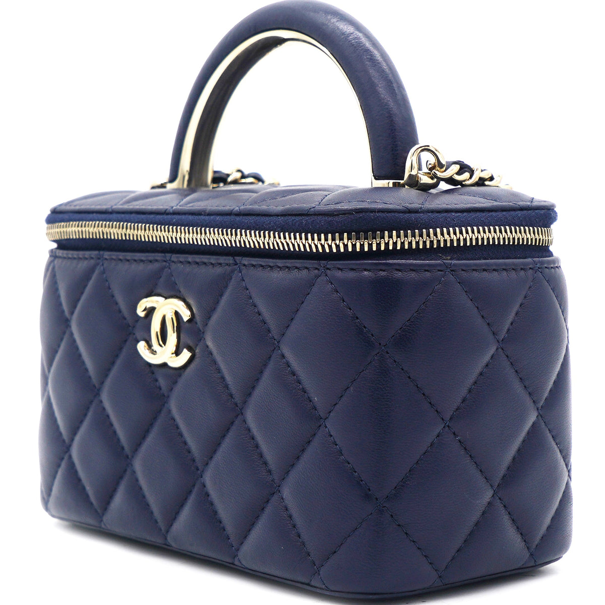 Chanel Lambskin Quilted Small Top Handle Vanity Case With Chain Navy