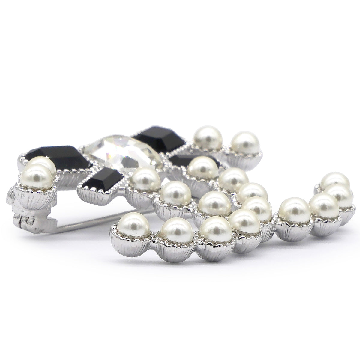 Chanel Pearl Crystal Bow CC Brooch Silver White Black