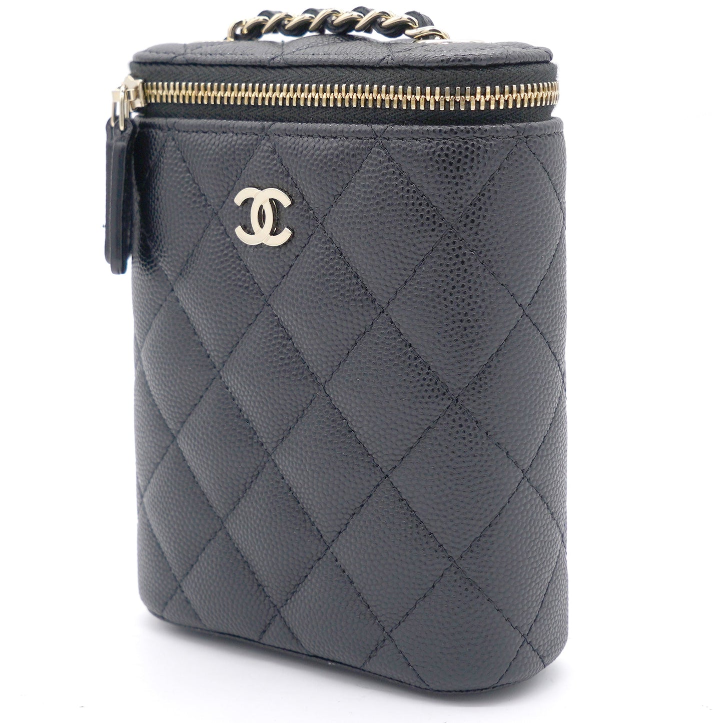 Chanel Caviar Quilted Nano Vertical Coco Beauty Vanity Case With Chain Black