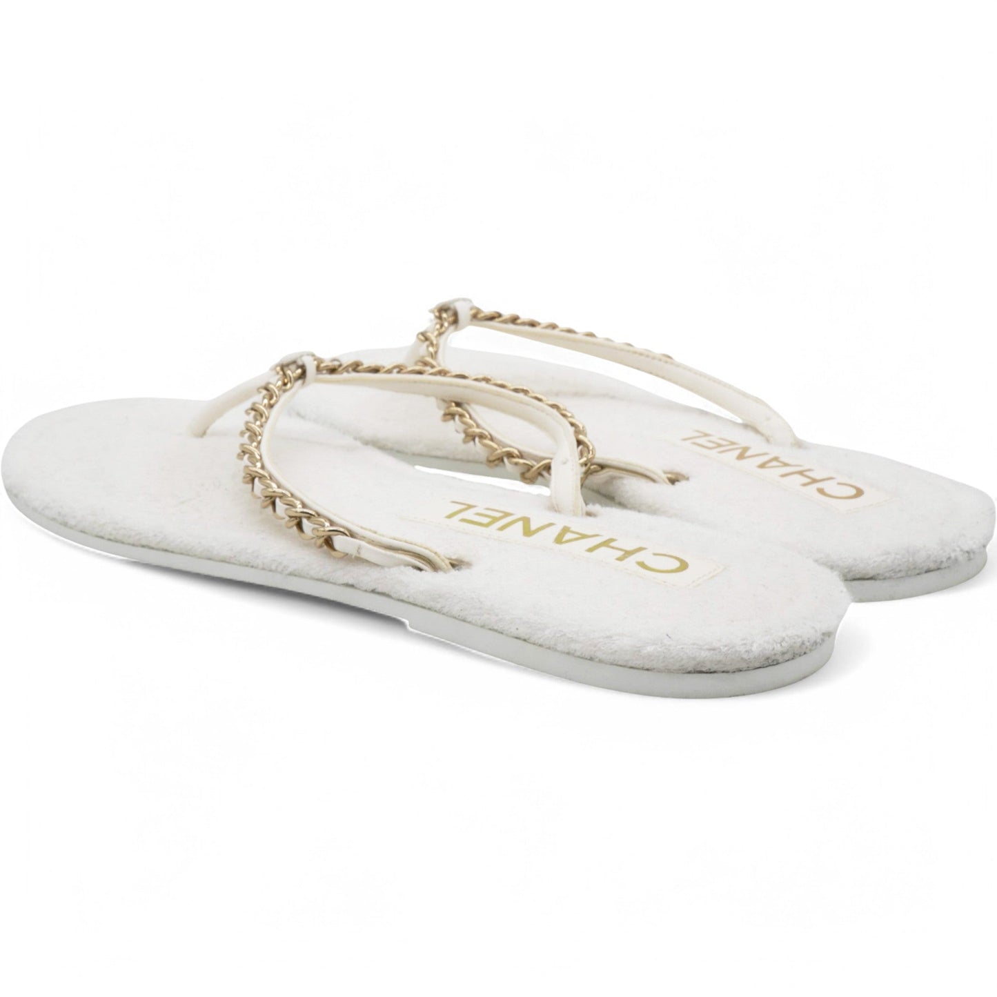 Chanel Classic Chain CC Logo White Thong Sandals Size40
