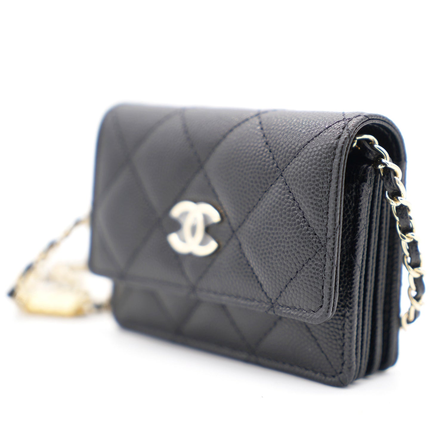 Chanel Black Quilted Caviar Leather Flap Card Holder with Charm Chain