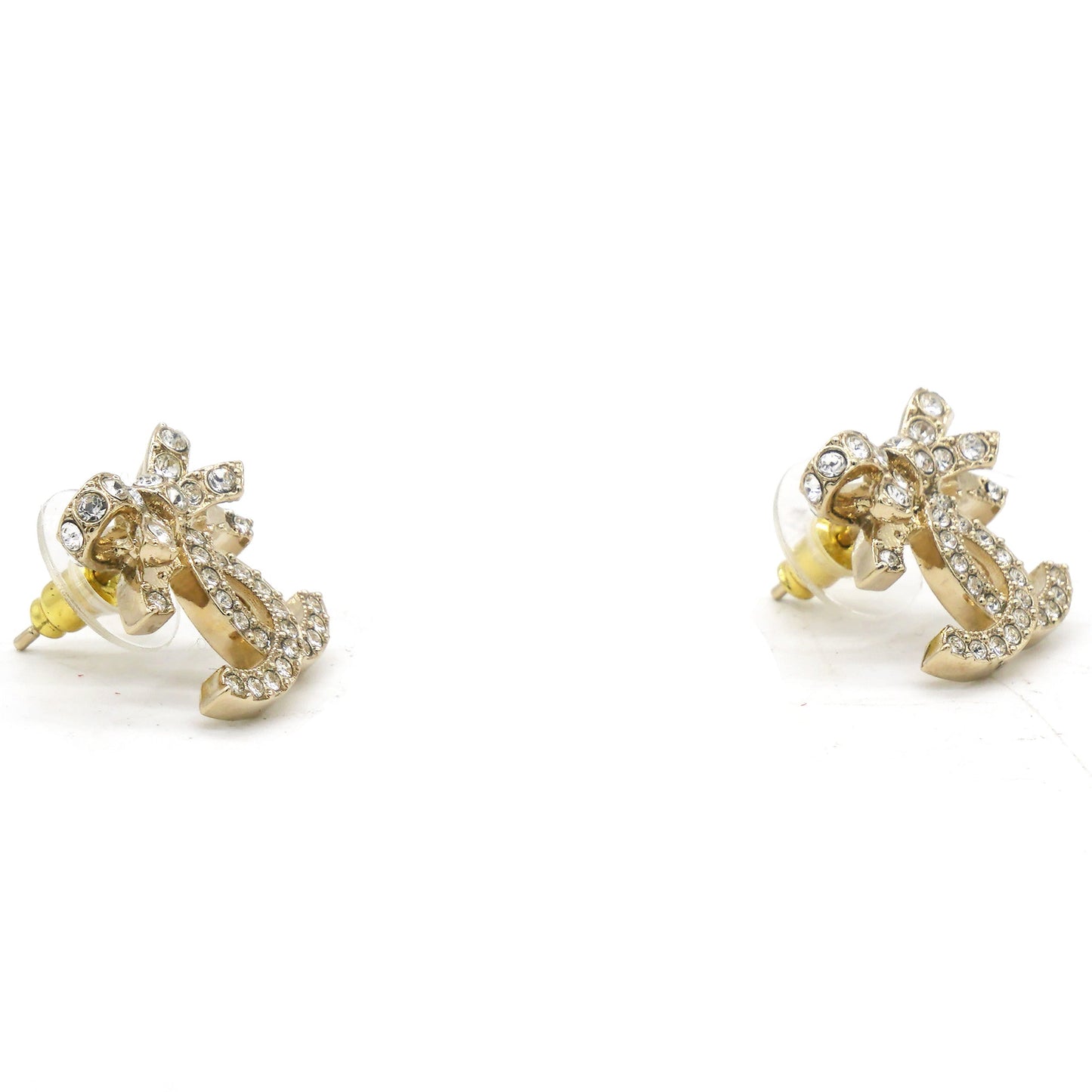 Chanel Crystal Ribbon Bow CC Earrings Gold Tone