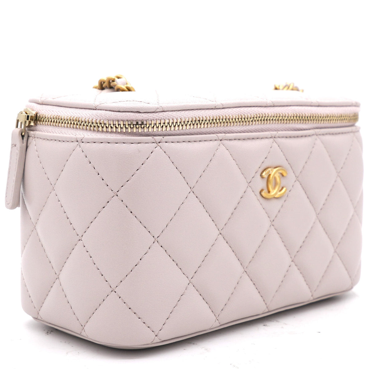 Chanel Lambskin Quilted Pearl Crush Small Vanity Case With Chain Lilac
