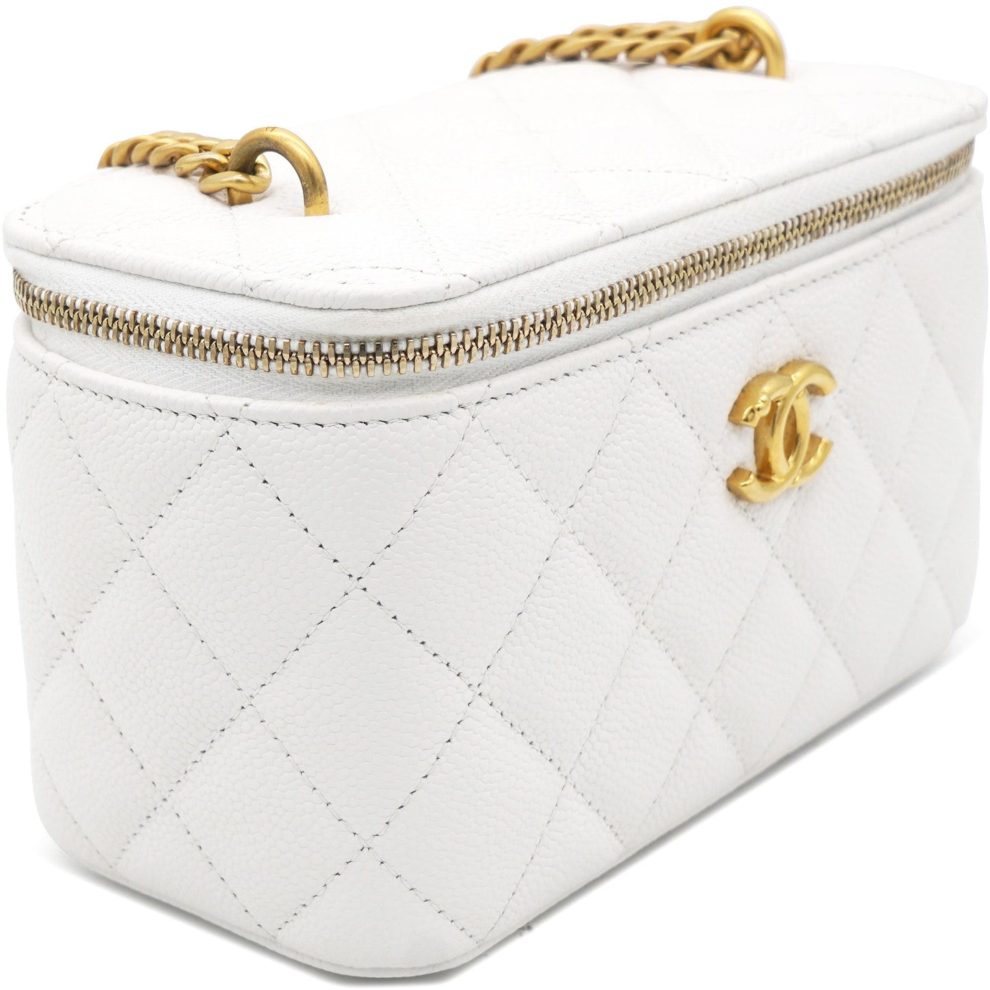 Chanel Caviar Quilted Heart Charm Small Vanity Case With Chain White