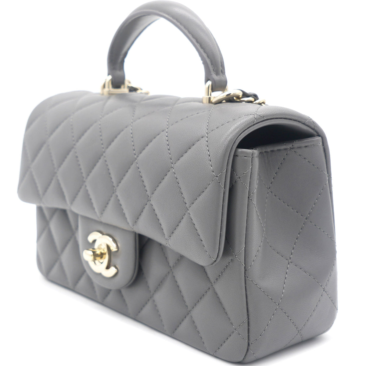 Chanel Lambskin Quilted Mini Top Handle Rectangular Flap Grey