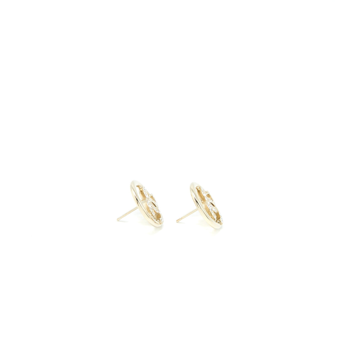 Chanel Round CC Logo Earrings Crystal Light Gold Tone