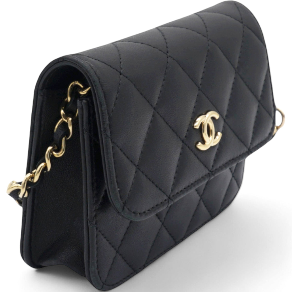 Chanel Lambskin Quilted Mini Coco Bow Clutch With Chain Black