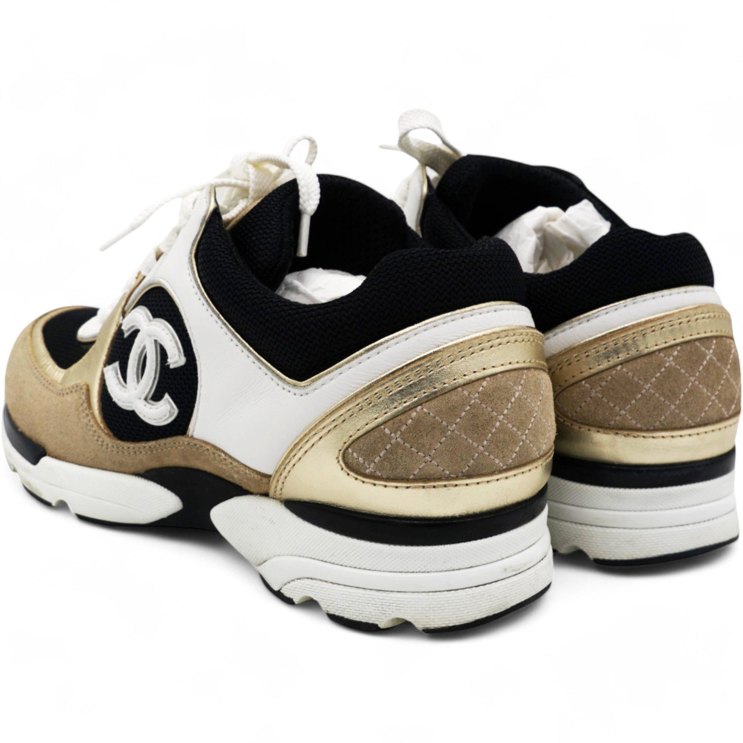 Chanel Calfskin Fabric Womens CC Sneakers Black White Silver Size 37.5