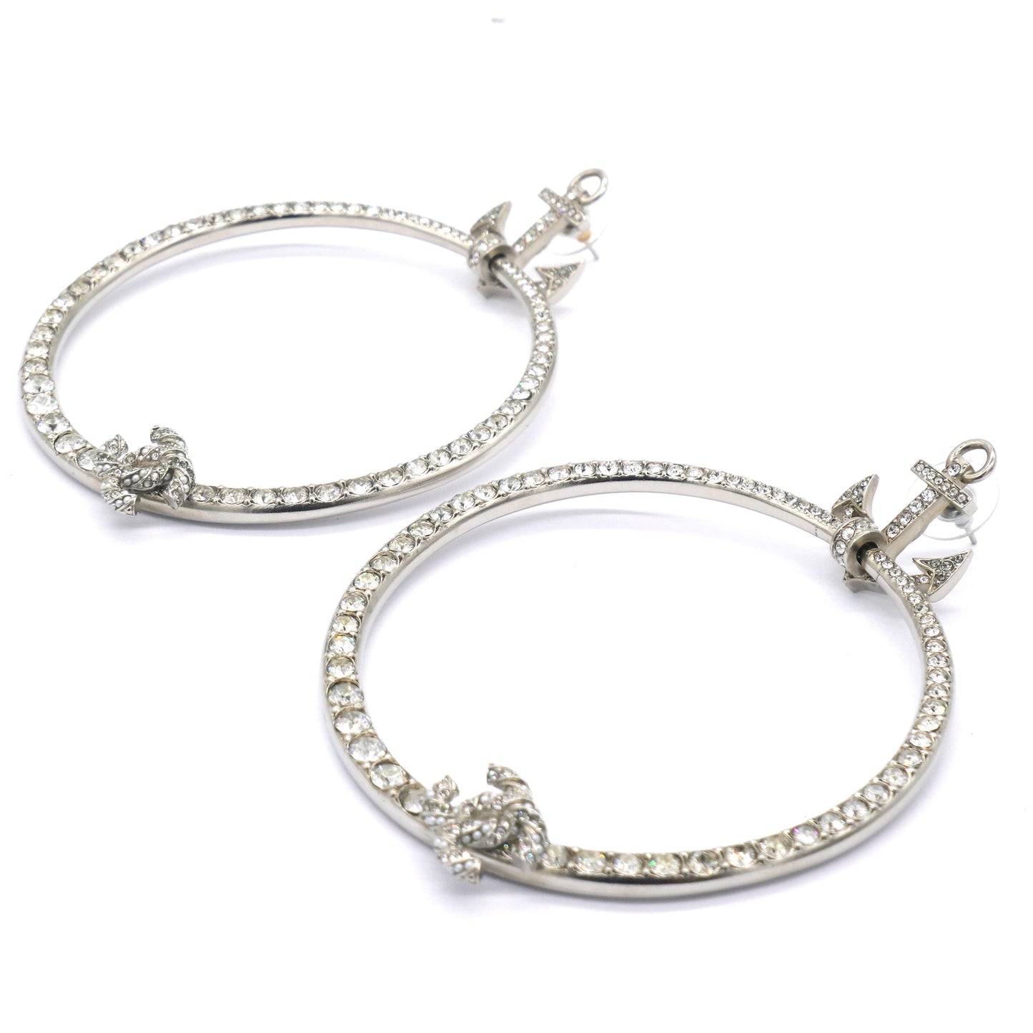 Chanel Crystal Anchor CC Hoop Earrings Silver