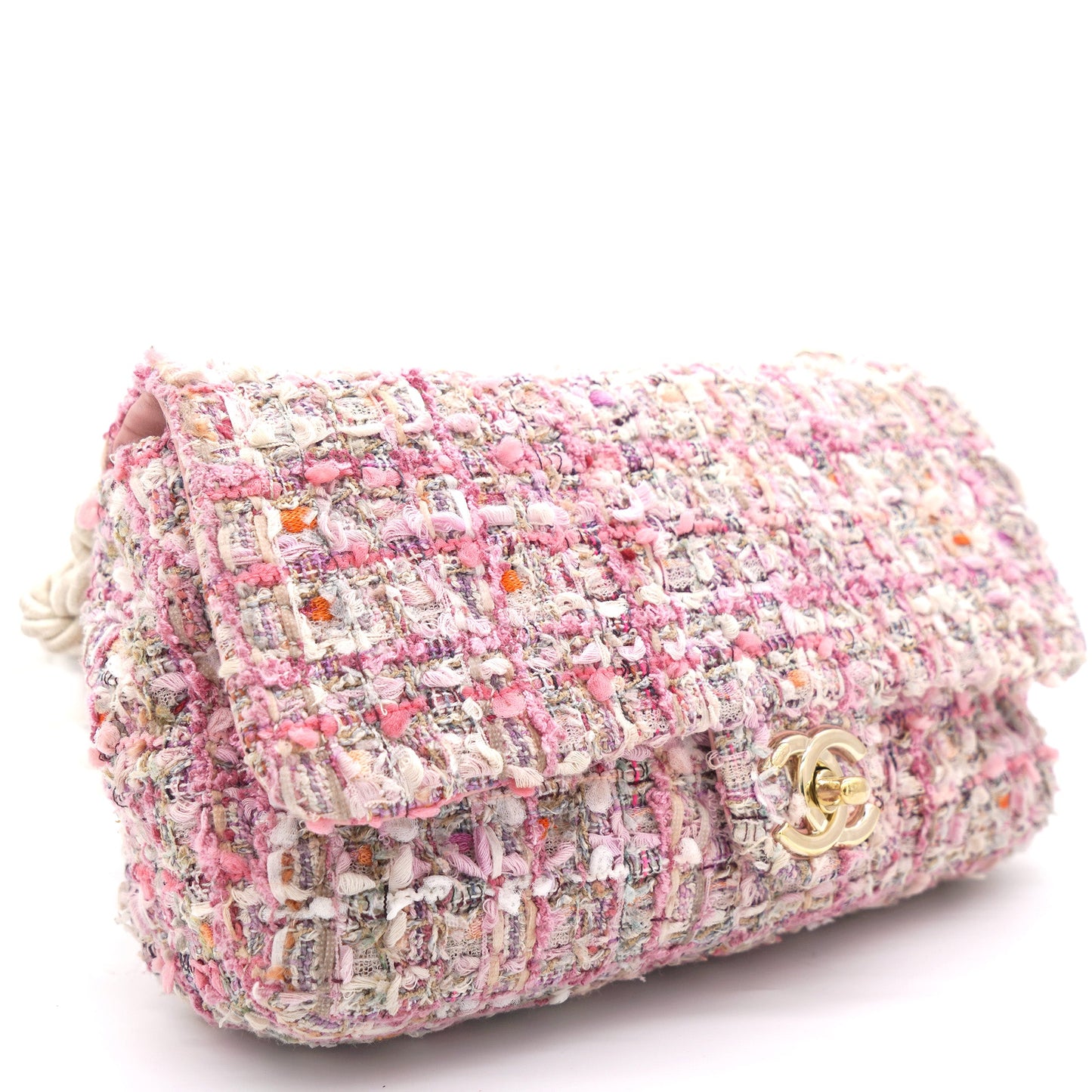 Chanel 2019 Pink Tweed Fabric & Pearls Classic Single Flap Bag