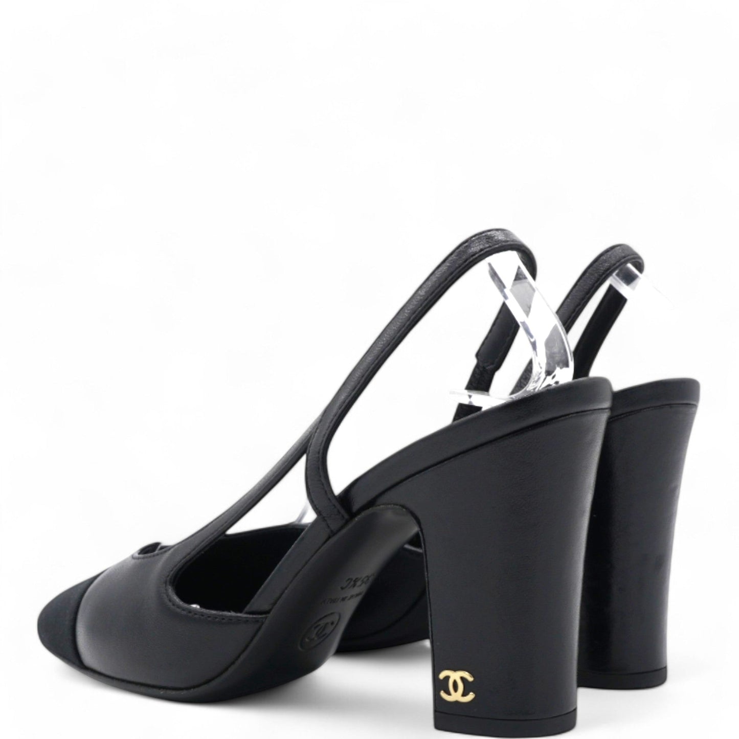 Chanel Goatskin Grosgrain Cap Toe CC Slingback Sandals Black Size 35.5
