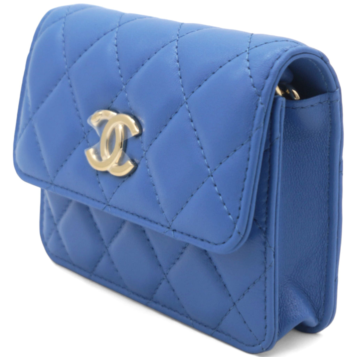 Chanel Lambskin Quilted Flap Card Holder On Chain Blue