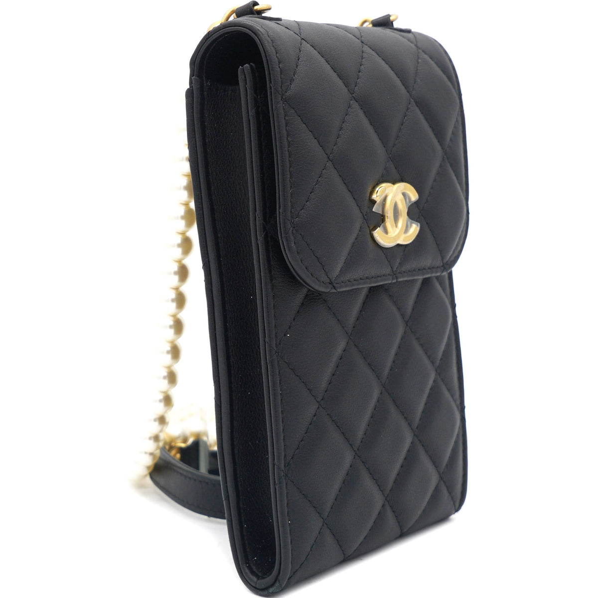 Chanel Lambskin Quilted Vertical Pearl Strap Black