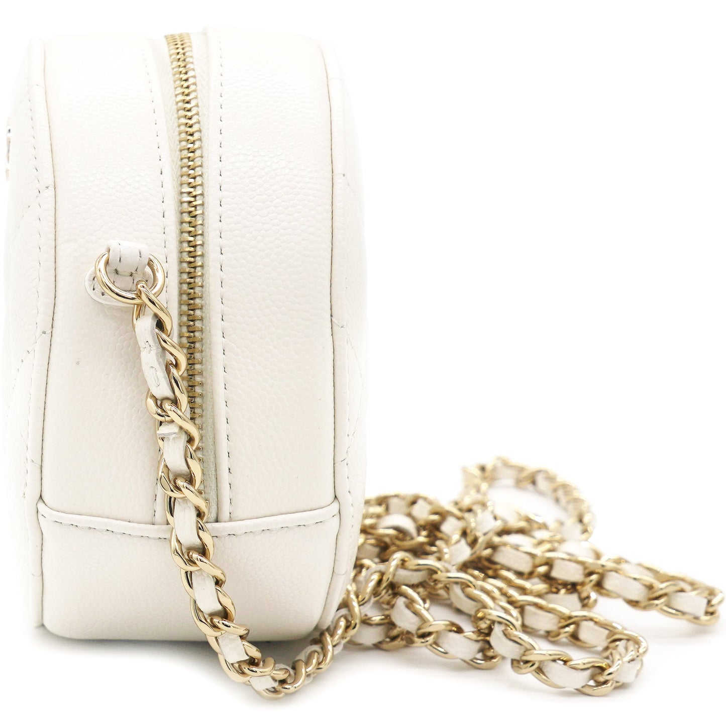 Chanel Caviar Quilted Round Clutch with Chain White