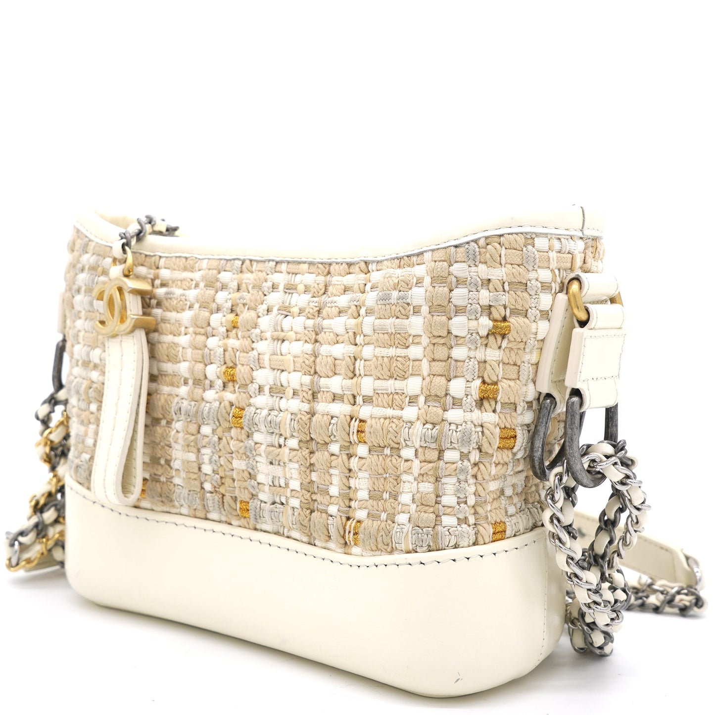Chanel Cream/Beige Stripe Tweed Calfskin Mini Gabrielle Hobo